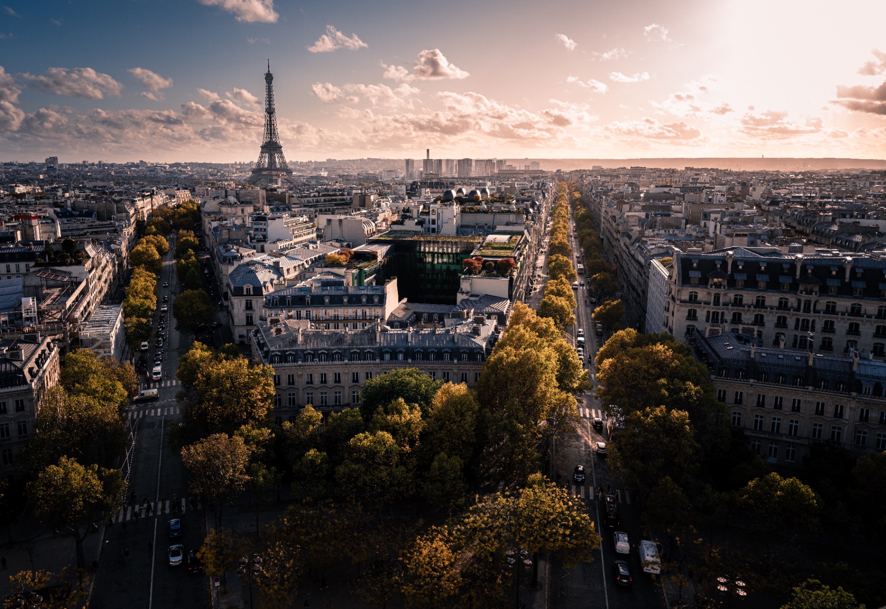 Avenue parisienne vue depuis l'Arc de Triomphe, Tour Eiffel au loin