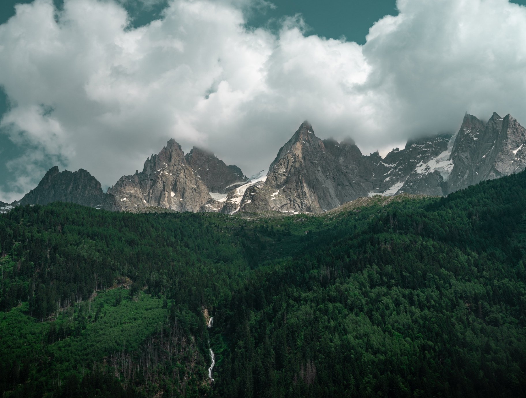 Aiguilles de Chamonix voilées de nuages, forêt d'altitude