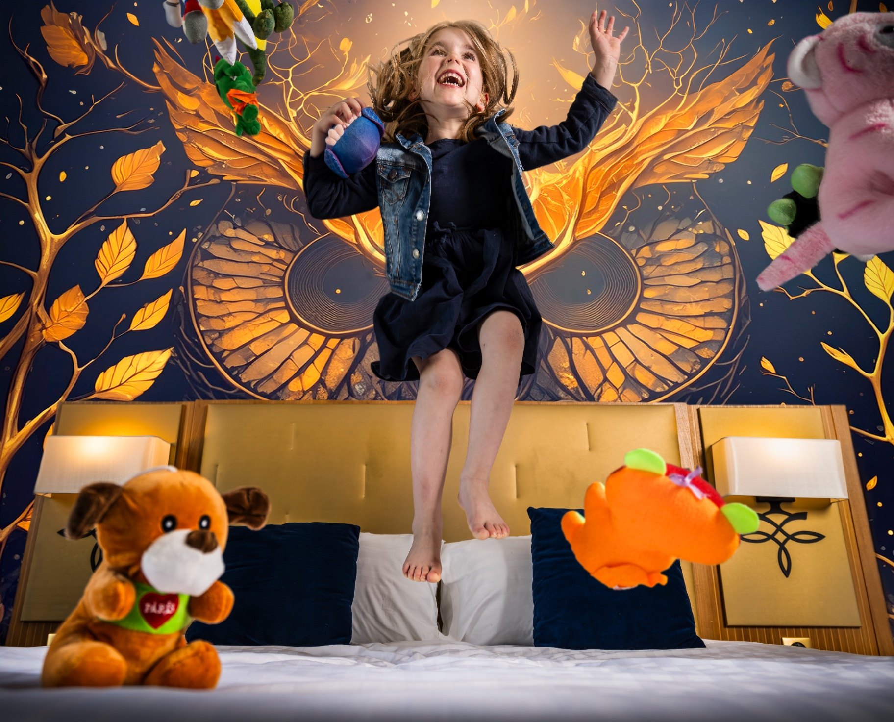 Chambre d'enfant envahie d'ours en peluche géants, mise en scène narrative