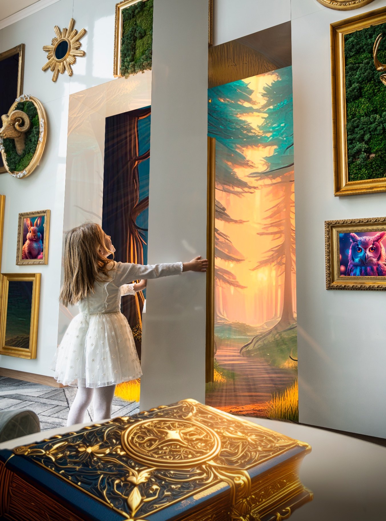 Lobby d'hôtel dominé par un livre géant ouvert, décor de marque